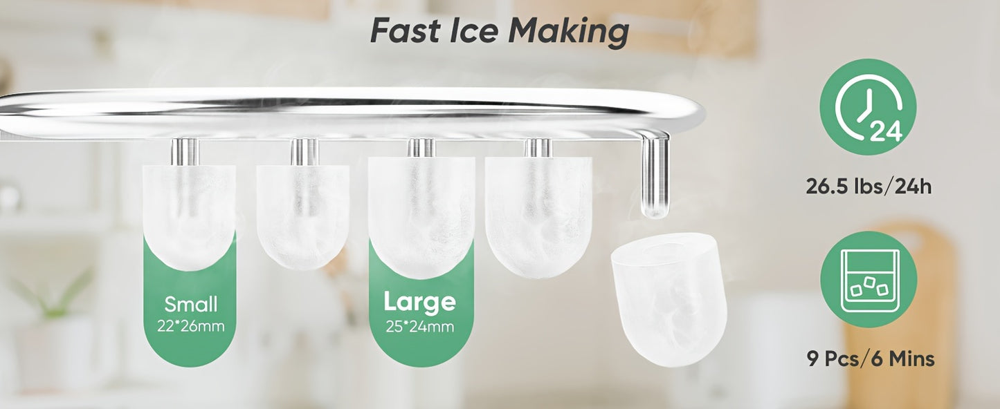 Countertop Ice Maker Machine With Handle, 26lbs In 24Hrs, 9 Ice Cubes Ready In 6 Mins, Auto-Cleaning Portable Ice Maker For Home/Kitchen/Camping, 11.57*11.42*8.74''